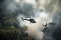 helicopter flying low over jungle, with thick smoke billowing from below Royalty Free Stock Photo