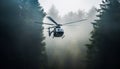 Helicopter flying mid air, propeller spinning, rescuing outdoors, hovering over forest generated by AI