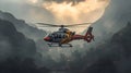 Helicopter Flying in Mountain Fog with Atmospheric Light and No Crew Visible Royalty Free Stock Photo