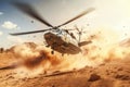 Helicopter Flying Over Desert - Aerial Landscape, Helicopter in the desert, 3D render depicting attack helicopters flying in a