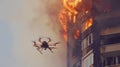 Helicopter Flying Over Fire in Front of Building Royalty Free Stock Photo