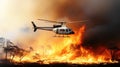 A helicopter flying over a wildfire with smoke, AI Royalty Free Stock Photo