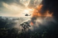 helicopter flying over jungle with smoke billowing from burning fire Royalty Free Stock Photo