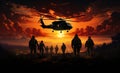 A helicopter flying over soldiers during a military operation Royalty Free Stock Photo