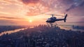 Helicopter Flying Over Urban Skyline Royalty Free Stock Photo