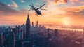 Helicopter Flying Over Urban Skyline Royalty Free Stock Photo