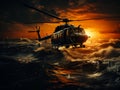 Helicopter flying very low above the water. Military aircraft soaring above the raging sea at sunset Royalty Free Stock Photo