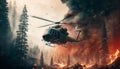 helicopter in the forest with fire and smoke. Generative AI Royalty Free Stock Photo