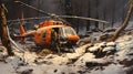 Helicopter In The Forest: A Meticulous Military Scene With Snowfall