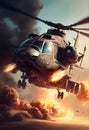 Helicopter Gunship Unleashing Missile attack. Military helicopter