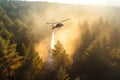 helicopter hovering above burning forest, extinguish wildfire extreme hot weather heatwave