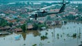 A helicopter hovering over a flooded village preparing to airlift residents to safety