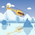 Helicopter hovering over frozen lake, winter landscape, vector illustration Royalty Free Stock Photo