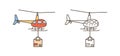 Helicopter icon with package box. Delivery shipment symbol, aircraft service. Cargo parcel transportation. Postal air