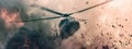 A helicopter in intense combat, captured in a close-up shot.