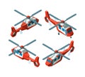 Helicopter isometric. Low poly avia transport different point views vector collection