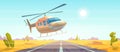 Helicopter landing on empty road at desert nature