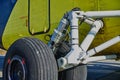 Helicopter landing gear with aircraft thrust pad. Landing gear of military helicopter. Wheel Of Airplane Or Helicopter Royalty Free Stock Photo