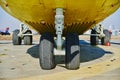 Helicopter landing gear with aircraft thrust pad. Landing gear of military helicopter. Wheel Of Airplane Or Helicopter Royalty Free Stock Photo