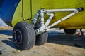Helicopter landing gear with aircraft thrust pad. Landing gear of military helicopter. Wheel Of Airplane Or Helicopter Royalty Free Stock Photo