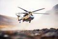 helicopter landing on mountain clearing, rotors spinning Royalty Free Stock Photo