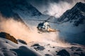 Helicopter landing on snow mountain in glacier. The helicopter service and emergency rescue. Generative AI Royalty Free Stock Photo