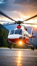 Helicopter lands on tarmac at sunset with mountain and forest backdrop reflected on wet ground Royalty Free Stock Photo