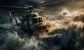 helicopter in the middle of big waves of sea storm, ai generative Royalty Free Stock Photo