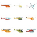 Helicopter military aircraft icons set, flat style
