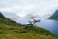 Helicopter in the mountains. Lofotens, Norway