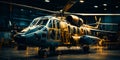 Helicopter with numerous windows standing in the hangar. Aviation concept. Generative AI Royalty Free Stock Photo