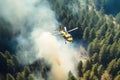 Helicopter operating to extinguish burning forest wildfire caused by extreme hot weather heatwave