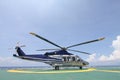 Helicopter parking landing on offshore platform. Helicopter transfer crews or passenger to work in offshore oil and gas industry