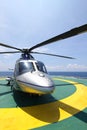 Helicopter parking landing on offshore platform. Helicopter transfer crews or passenger to work in offshore oil and gas industry