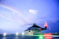 Helicopter parking landing on offshore platform. Helicopter transfer crews or passenger to work in offshore oil and gas industry