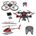 Helicopter and quadrocopter, quadcopter with camera, remote controls set Royalty Free Stock Photo