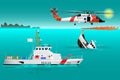 Helicopter rescue teams and ship at sea. Coast security. Sinking boat. Sailor takes a distress signal. The accident on the water.
