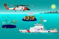 Helicopter rescue teams and ship at sea. The refugees on the boat. The accident on the water. Rescue on the water. Every object on