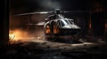 Abandoned Helicopter In Dark Warehouse: Cinematic Close-up Scene