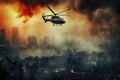 A helicopter is shown flying over a city in the sky, extinguishing a forest fire, combating a pressing environmental challenge Royalty Free Stock Photo