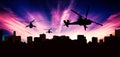 Helicopter silhouettes flying over the city on sunset background