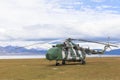 HELICOPTER AT SONG KUL LAKE IN KYRGYZSTAN