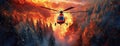 A helicopter surveys a raging forest fire from above. The urgency and scale of wildfire management is evident. Panorama