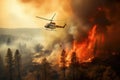 Helicopter with swinging water bucket navigating over intense forest wildfire in a sky filled with heavy smoke. Generative AI