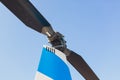 Helicopter tail rotor selective focus or Tail rotor of transport helicopter under hangar background. Royalty Free Stock Photo