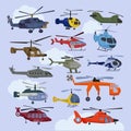 Helicopter vector copter aircraft jet or rotor plane and chopper flight transportation in sky illustration aviation set Royalty Free Stock Photo