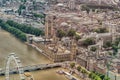 Helicopter view of Houses of Parliament and Westminster area, Lo