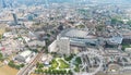 Helicopter view of London with buildings and river Thames