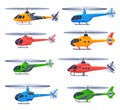 Helicopters Aircrafts Collection, Flying Colorful Choppers, Air Transportation Flat Vector Illustration