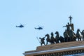 Helicopters fly in the sky over the city, may 2018 St. Petersburg